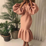 D115 African Large-Size Women's Fashion Pure-Color V-Neck Bubble Long-Sleeved Fishtail Skirt Dress HZ0107
