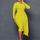 D302 Women's Autumn Fashion Large-Size V-Neck Long-Sleeved Temperament Pencil Skirt Dress HZ0107