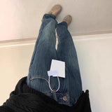 Dark Blue Plus Velvet Jeans Children New Spring And Autumn High-Rise Thin Small Narrow Version Of Straight Broad Leg Pants Winter