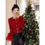 French Small Fragrant Red Hairy Long-Sleeved Sweater Women's Autumn And Winter Unique Beautiful Hairy Sleeve Knitted Open Shirt Thick
