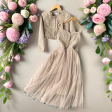 Autumn And Winter Small Fragrant Style Set Of Women's Short Cardigan Coat + Sling Net Yarn Dress Two Sets