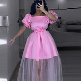 AM040619 Round Collar Horn Sleeve Temperament Dress Party Wind Lotus Leaf Side Squint High Waist Dress Dress HZ0107