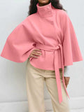 Women's Autumn And Winter New Fashion Pure Color Cape Collar Collar Belt Wind Coat HZ0107