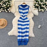 Girls Slimming Striped Tuxedo Sweater Dress With Thin Knitted Dress Temperament Elegant HZ0107