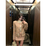 French Temperament Long-Sleeved Coat With High-Necked Bottom Vest Pink Half-Dress Skirt Set