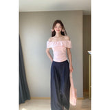 Travel And Wear The Atmosphere Of The Lotus Leaf Side Shoulder Repair Folding Top With Straight Leisure Long Pants Set