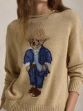 Round-Neck New Women's Bear Embroidered Retro Body Sweater College Style Knitted Shirt Top