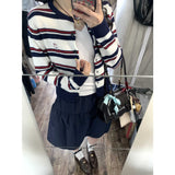 Colling Color Design Sense Retro Striped Knitted Cardigan Women's Spring And Summer College Style Sweater Tibetan Blue Short Skirt Two-Piece Set