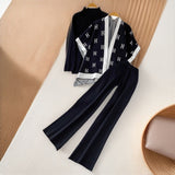Fashion Ocean Gas Three-Piece Loose Wind Letter Embroidered Cardigan Jacket Bottom High Collar Knitting Tops Broad Legs