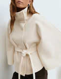 Women's Autumn And Winter New Fashion Pure Color Cape Collar Collar Belt Wind Coat HZ0107