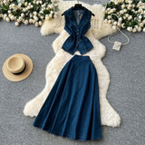 French Age-Down Suit Women's Summer Ripe Wind Folds Back-Clip-Free Denim Blouse + High Waist Half