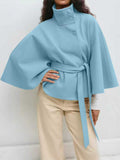Women's Autumn And Winter New Fashion Pure Color Cape Collar Collar Belt Wind Coat HZ0107