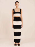 Middle East New Women's Black And White Knitted Striped Long Suit Vest With Sweater Skirt