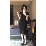 Black Niche High-End Set Women's 2025 Summer Body-Repair Short-Sleeved Blouse Mesh Lattice Half-Dressed