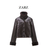 ZARZ Homemade New Women's Fashionable Classic Neck With Belt Leather Coat HZ0107