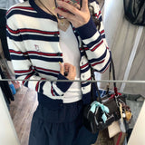 Colling Color Design Sense Retro Striped Knitted Cardigan Women's Spring And Summer College Style Sweater Tibetan Blue Short Skirt Two-Piece Set
