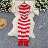 Girls Slimming Striped Tuxedo Sweater Dress With Thin Knitted Dress Temperament Elegant HZ0107
