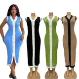 2025 Collising Thread Single-Dlong V-Neck Sleeveless Elastic Knitted Mid-Long Dress HZ0107