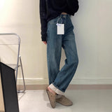 Dark Blue Plus Velvet Jeans Children New Spring And Autumn High-Rise Thin Small Narrow Version Of Straight Broad Leg Pants Winter