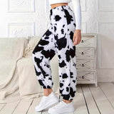 2025 Ms. Autumn And Winter Fashion Explosion Cow Print Pattern Lady Loose Fashion Trousers Plush