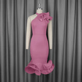 Elegant Half-High Collar Lotus Leaf-Side Dress Sided Shoulder Lotus Hem Banquet Evening Dress Dresses HZ0107