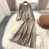 Gentle Windy Woman Languid Languid Breeze With Long-Sleeved Knitted Shirt + High Waist Swing Sweater Half-Dress Skirt