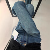 Dark Blue Plus Velvet Jeans Children New Spring And Autumn High-Rise Thin Small Narrow Version Of Straight Broad Leg Pants Winter