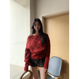 New Year's Christmas Red Tlings Bare Shoulder Flower Sweater Autumn And Winter Thick Temperament Short Knitted Shirt Top