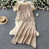 Gentle Windy Woman Languid Languid Breeze With Long-Sleeved Knitted Shirt + High Waist Swing Sweater Half-Dress Skirt