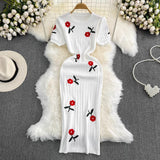 2025 Summer Fashion Temperament Short-Sleeved Round To Receive Waist Thin Long Embroidery Knitted Coat Dress