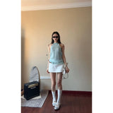 INS CEC Korean Small Fresh Mint Green Bead Hanging Neck Sling Waistcoat Coat Two-Piece Skirt