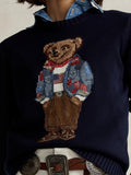 Round-Neck New Women's Bear Embroidered Retro Body Sweater College Style Knitted Shirt Top