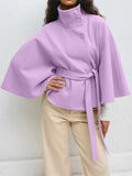 Women's Autumn And Winter New Fashion Pure Color Cape Collar Collar Belt Wind Coat HZ0107