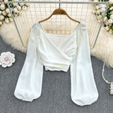 Spring Fashion V-Neck Folded Collared Collared Collared Long-Sleeved Sleeve Cover Female Chic Short-Term Navel Blouse