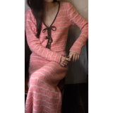 Pink Age Reduction Knitting Set Early Autumn Design Stripe V-Neck Sweater Top Half-Dress Skirt Set