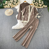 Fashion Ocean Gas Three-Piece Loose Wind Letter Embroidered Cardigan Jacket Bottom High Collar Knitting Tops Broad Legs