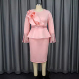 AM040619 Round Collar Horn Sleeve Temperament Dress Party Wind Lotus Leaf Side Squint High Waist Dress Dress HZ0107