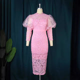 AM220540 Lace Perspective Bubble Sleeve Seven-Sleeve Body-Repight Party Dress Dress Girl Party Dress HZ0107