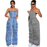 Women's Denim Cloth Jumpsuit Women's Fashion Babes Breasts Multi-Pocket Work Pants HZ0107