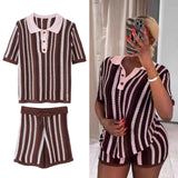 Fashion New Striped Collar Short Sleeve Loose Blouse High-Waist Three-Point Shorts Knitwear Two-Piece Set HZ0107