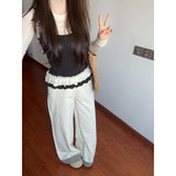 Korean Rice White Temperament Spliced High-Waisted Casual Pants Women Spring New Small Loose Broad Legs Long Trousers