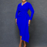 D302 Women's Autumn Fashion Large-Size V-Neck Long-Sleeved Temperament Pencil Skirt Dress HZ0107