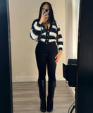 Women's Clothing Winter Explosion Fashion Black And White Stripe Single-Dcupuncture Cardigan Knitted Shirt HZ0107