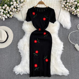 2025 Summer Fashion Temperament Short-Sleeved Round To Receive Waist Thin Long Embroidery Knitted Coat Dress