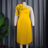 AM030536 Fashion Three-Dimensional Flower Dress Sexy Shoulder Slanted Hundredfolded Dresses HZ0107