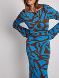 New Women's Sexy Knitted Leopard Print Long-Sleeved Dress Sweater Long Dress