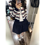 Colling Color Design Sense Retro Striped Knitted Cardigan Women's Spring And Summer College Style Sweater Tibetan Blue Short Skirt Two-Piece Set
