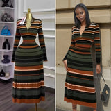Korean Collidered Straight-Colored Large-Size Knitted Dress Long Sweater Dress Loose Lazy Stripe HZ0107