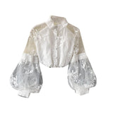 French Retro Mesh Lace Blouse Women's Collar Three-Dimensional Embroidered Bubble Sleeve Court Style Slim Shirt Woman