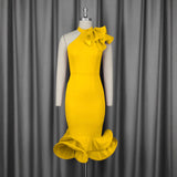 Elegant Half-High Collar Lotus Leaf-Side Dress Sided Shoulder Lotus Hem Banquet Evening Dress Dresses HZ0107